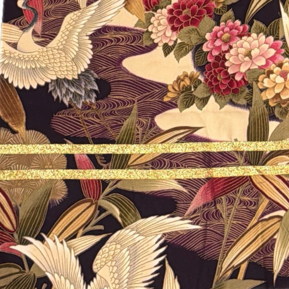 Japanese Table Runner Crane Peony Floral Gold Metallic Purple 70x12
